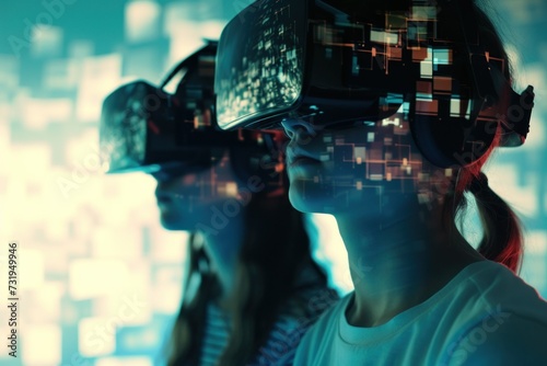 A young woman and a young man in virtual reality glasses are fragmented into pixels.