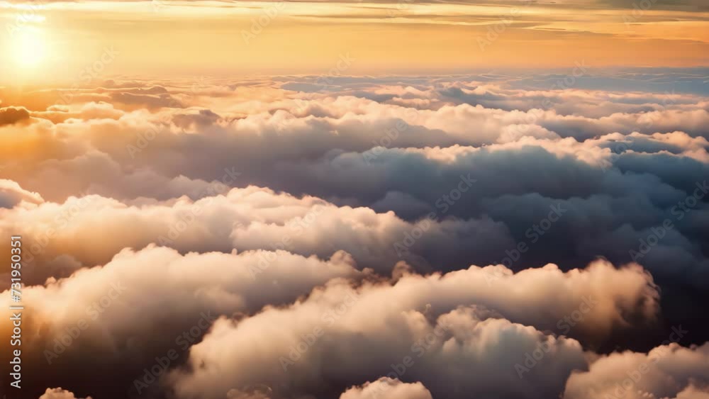 the sun breaking through the clouds in the sky, illuminating the landscape below, An aerial shot above beautiful sunset clouds with sun shining through fog, AI Generated