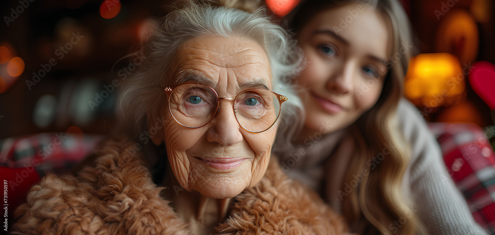 A photo of an old grandmother sitting in a chair with an adult woman behind on a Valentine's background A photo of an old grandmother sitting in a chair with an adult woman behind on a Valentine's background