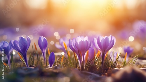 Beautiful first flowers of purple crocus growth at the meadow with smooth bokeh sun light for spring concept background. photo