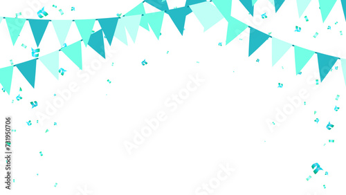 Flag garland and confetti hanging carnival card, banner design, congratulation, anniversary, holiday and birthday