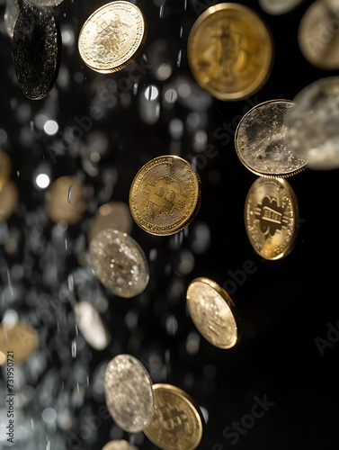 bitcoin falling golden coins on black background in t