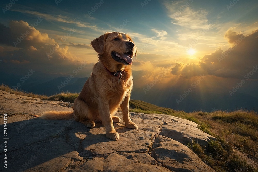 golden retriever dog with sunset