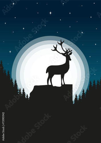Silhouette of deer standing on the cliff in night forest. Magical misty landscape  full moon with stars