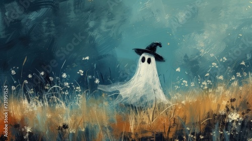 oil painting captures the essence of Halloween with a cute ghost wearing a witch hat amidst a beautiful meadow
