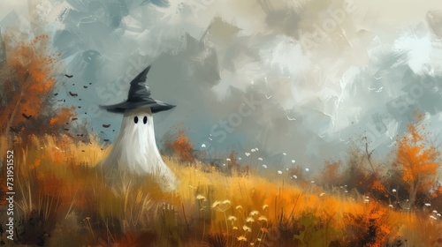 oil painting captures the essence of Halloween with a cute ghost wearing a witch hat amidst a beautiful meadow
