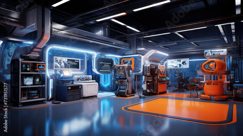Cutting-edge automotive workshop, futuristic ambiance, precise machinery, and digital diagnostic