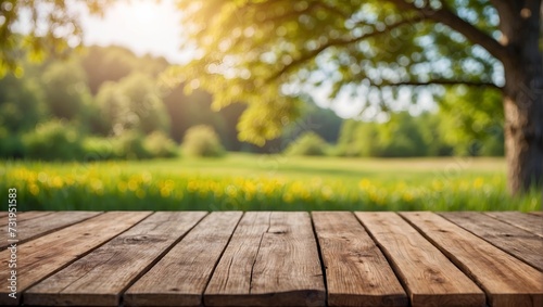 Empty wooden table with blurred summer meadow background . Product display , presentation ideas