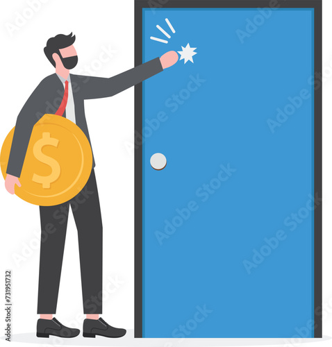 Opportunity or money knock on the door, new business chance or job and career offer, investment return or dividend concept, rich businessman holding money banknotes knocking on the door.

