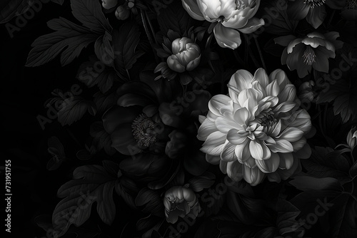 black and white flowers on a black background in the 