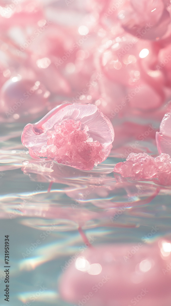 Transparent pink jellyfish floating in a surrealist calm water environment with y2k aesthetic. Transparent pink jellyfish floating in a surrealist calm water environment with y2k aesthetic.