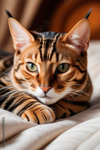 Close up portrait of a cute Bengal catt sleeping on a bed.