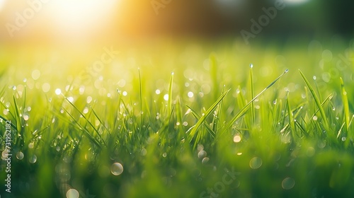 Beautiful green grass with drop of morning dew or rain drops at the farm field. Natural green grass with smooth bokeh morning sun light background.