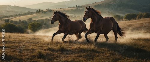A pair of horses running across a field