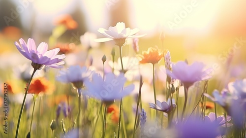 Beautiful wildflowers at the meadow with smooth bokeh sunbeams for summer and nature concept background.