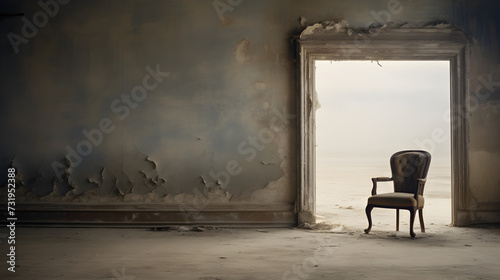 old chair in front of a wall,, The room are antique mirror and a chair 