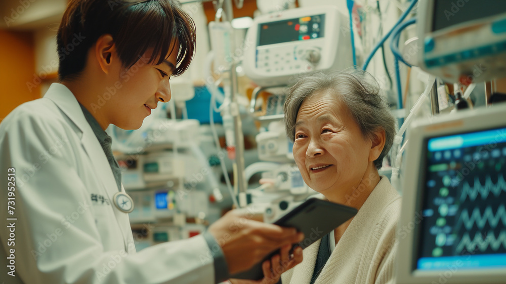 Handsome asian doctor with tablet converses cheerfully with elderly dialysis patient in hospital, amidst dialysis equipment.generative ai