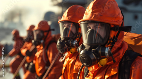 A group of Ordinary Seamen taking part in a fire drill quickly and efficiently donning their firefighting gear and working together to contain the simulated emergency.