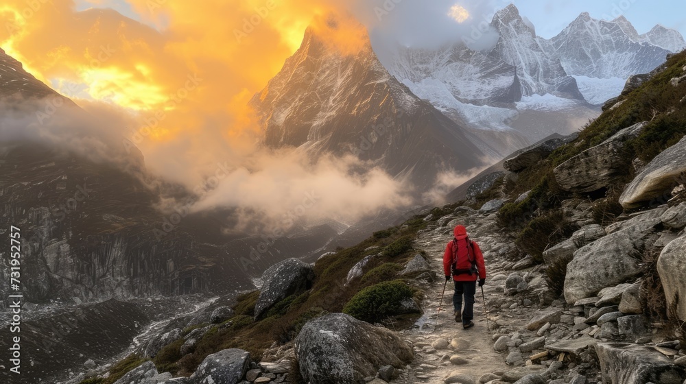 person in red coat hiking on high mountain in sunrise morning