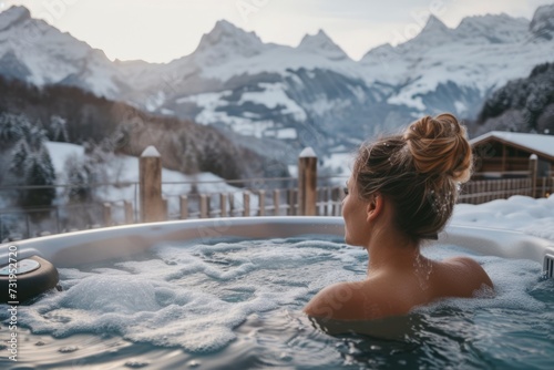 Young woman resting in hot tub with view on mountains in winter