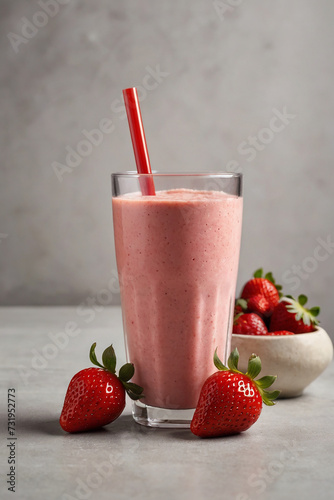 Strawberry milkshake in a glass on a gray background