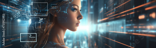 Future scenario, Futuristic setting, Artificial intelligence, AI, Woman, Girl, Sci-fi. I AM THE FUTURE! World ready for technologically evolved knowledge. Here is the next superhumans.