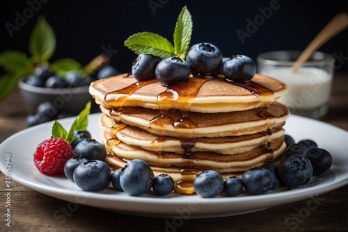 Stack of pancakes on a white plate, blueberries