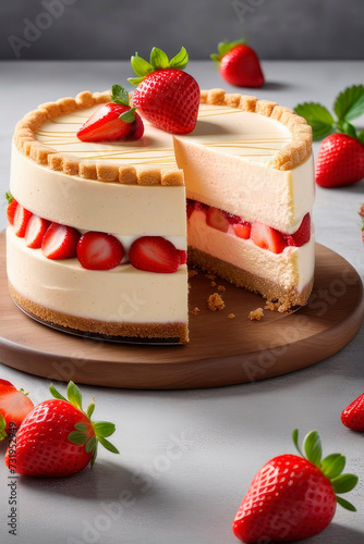 Tasty cheesecake with strawberry on a light grey stone background.