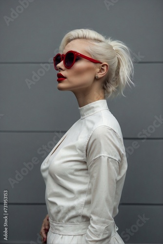 Punk-inspired 80s style female model in a white high-neck dress with large sunglasses