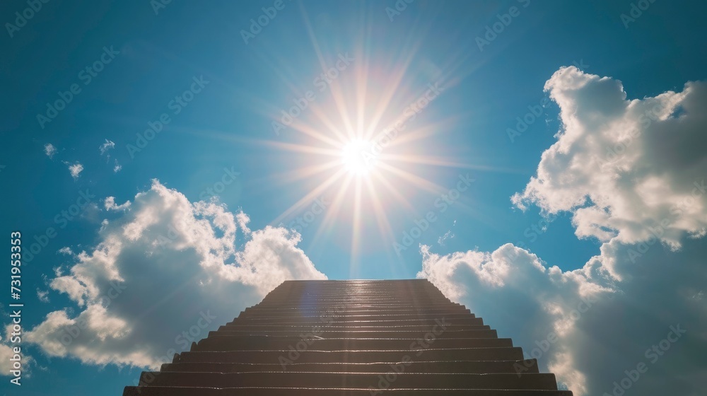Stairway Ascending Towards a Radiant Sun, Rays Piercing Through Dynamic Clouds Against a Blue Sky