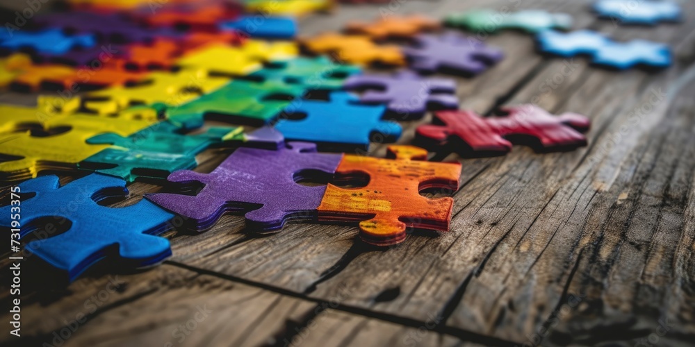 Autism Day, large collection of colorful puzzle pieces on colorful background - obrazy, fototapety, plakaty 
