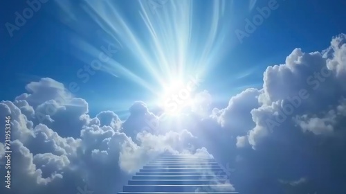 Stairway Ascending Towards a Radiant Sun, Rays Piercing Through Dynamic Clouds Against a Blue Sky