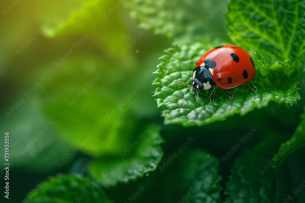 Ladybug on a vibrant green leaf with morning dew. Ladybug on a vibrant green leaf with morning dew.