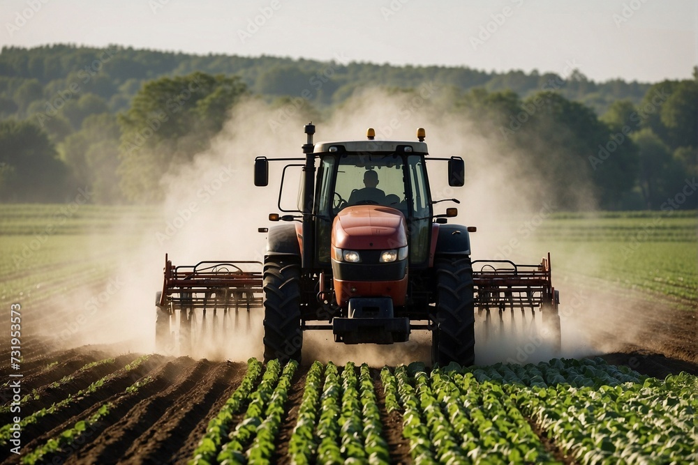 Fototapeta premium Tractor spraying field with vegetables from wide sprayer