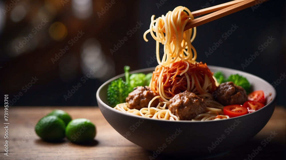 picture noodle and meatball in the bowl looks delicious artistic - obrazy, fototapety, plakaty 