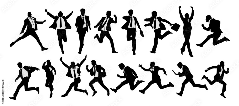 Silhouettes of diverse business people running, jumping, celebrating, success, men and women full length, front and side view. Vector monochrome illustration isolated on white background.