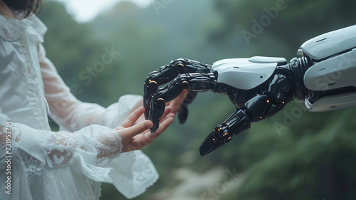 Hands of robot and hand of a little girl touching on with sifi digital AI background