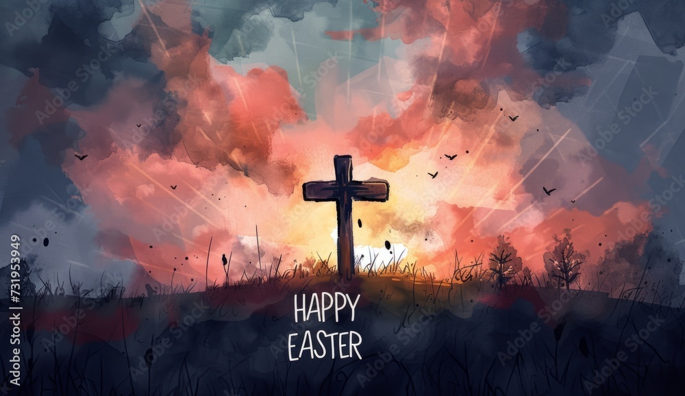 HAPPY EASTER a cross painting in watercolors on a dark sky Generative AI - obrazy, fototapety, plakaty 