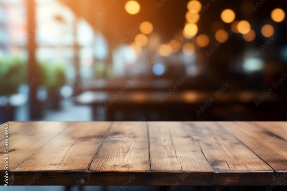 Empty wooden tabletop with a blurred bokeh background of a cafe interior.