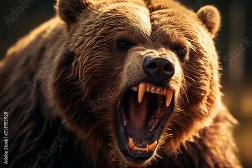 Close-up of an angry grizzly bear roaring with a fierce expression in the wild.