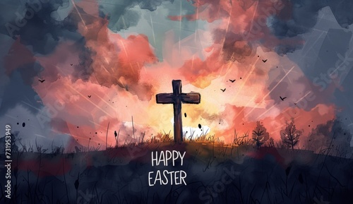 HAPPY EASTER a cross painting in watercolors on a dark sky Generative AI photo
