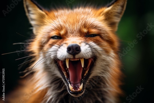 Close-up portrait of a red fox showing its sharp teeth with a snarling expression. © GreenMOM