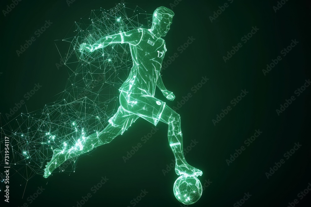 Green wireframe design of a soccer player kicking a ball