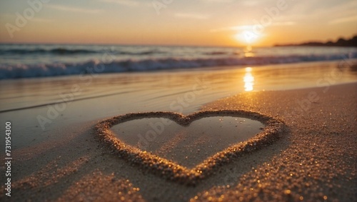 Heart drawn on the sand against a sunset on the beach