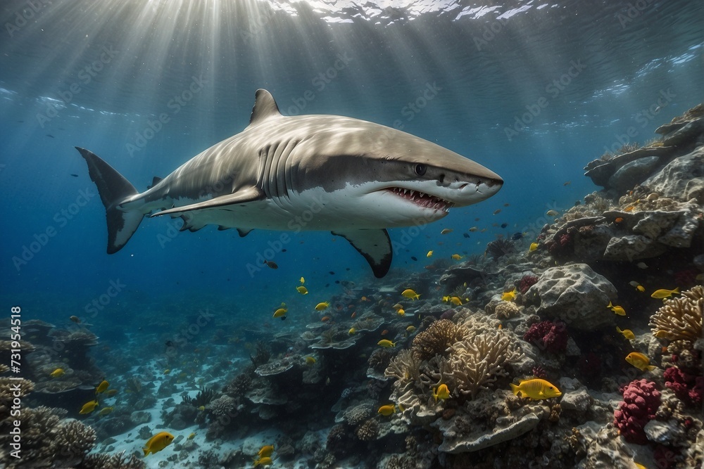 Obraz premium White shark swimming above a coral reef: king of the sea, coral reef, looking at the camera
