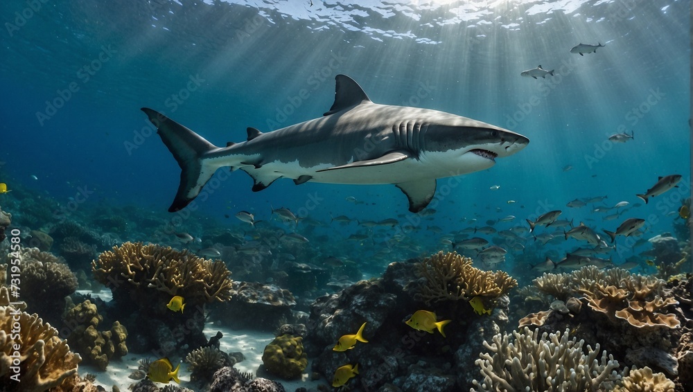 White shark swimming above a coral reef: king of the sea, coral reef, looking at the camera White shark swimming above a coral reef: king of the sea, coral reef, looking at the camera