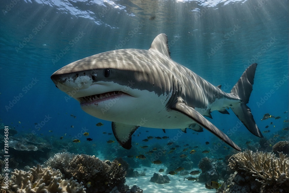 Obraz premium White shark swimming above a coral reef: king of the sea, coral reef, looking at the camera
