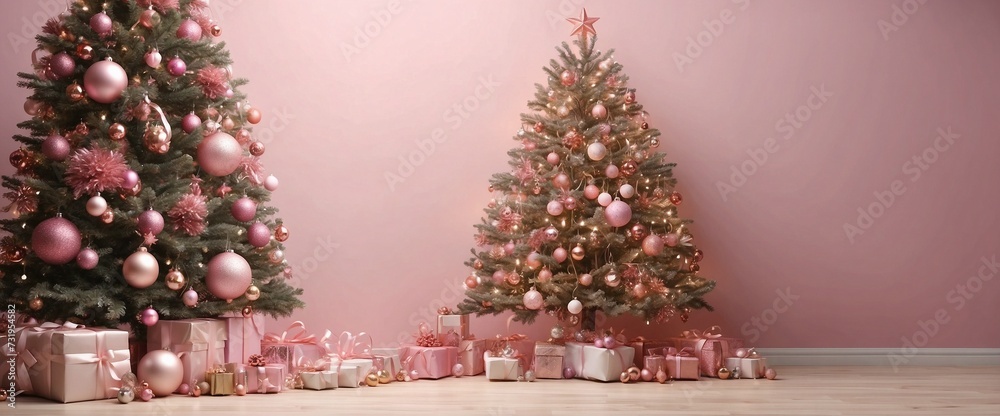 Christmas tree adorned with pink ornaments, pastel gold, and gifts Christmas tree adorned with pink ornaments, pastel gold, and gifts