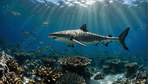 White shark swimming above a coral reef  king of the sea  coral reef  looking at the camera