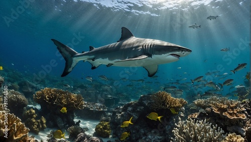 White shark swimming above a coral reef: king of the sea, coral reef, looking at the camera